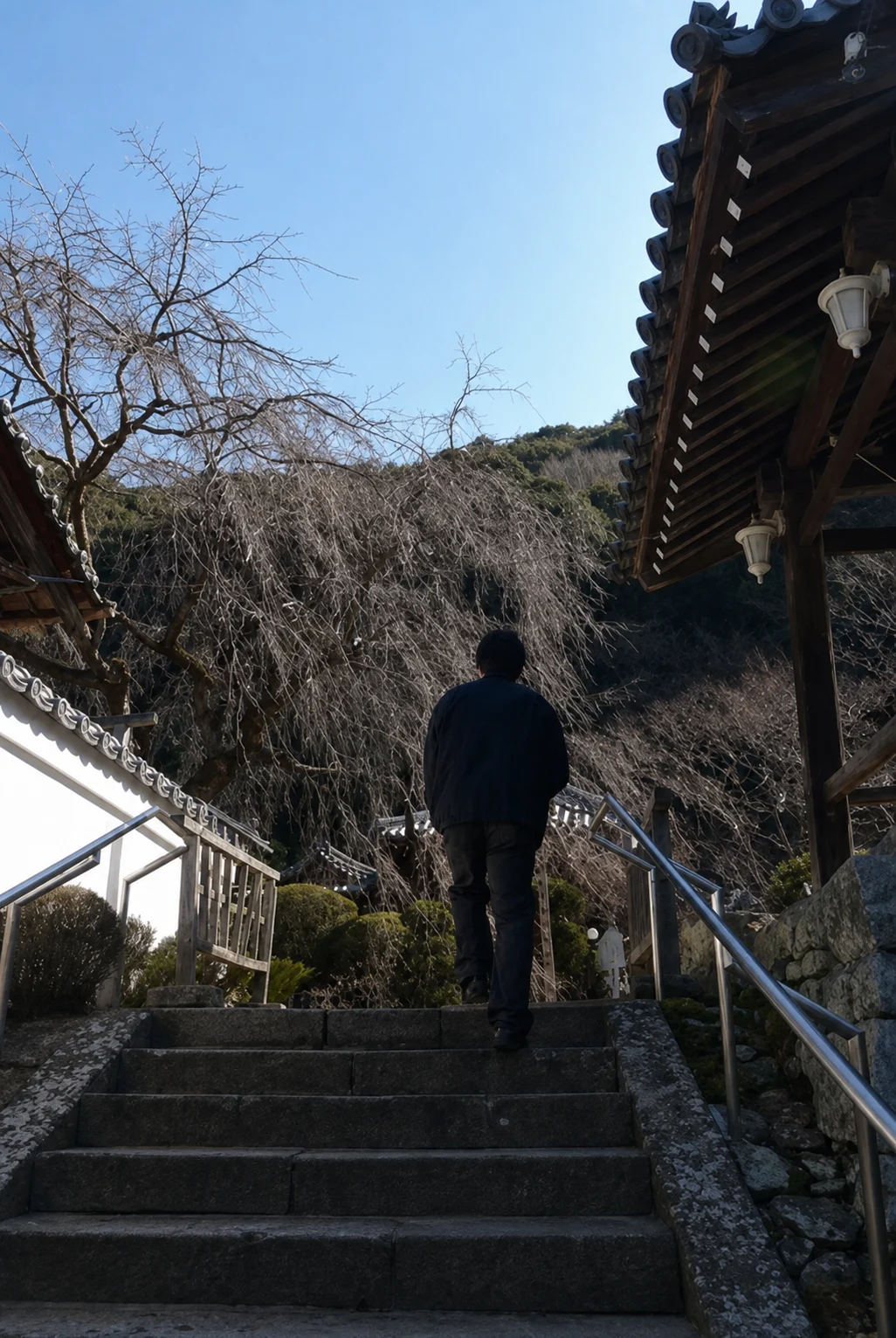 日本大阪山中寺庙的石阶山道，D 同学攀登时的现场照片